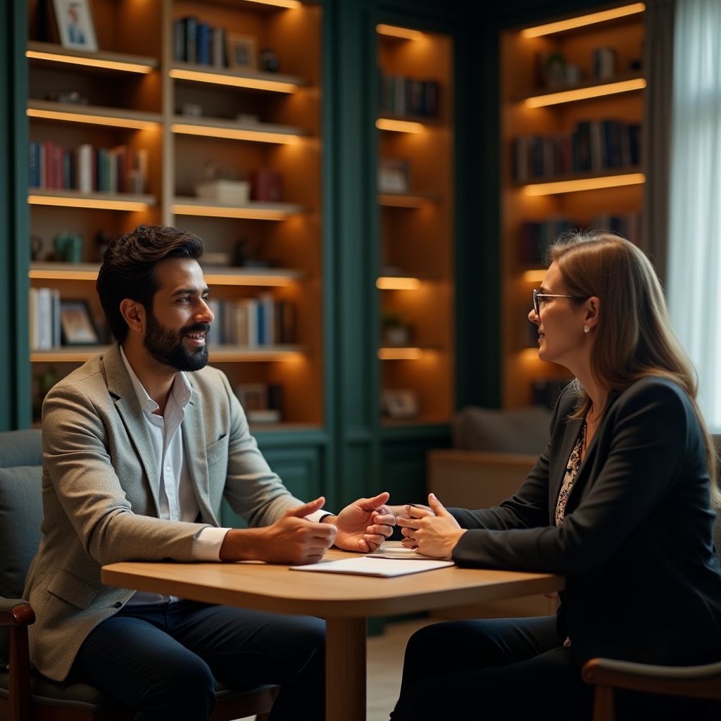 Two professionals discussing a work schedule structure across a table