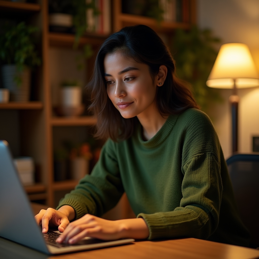 Remote worker organizing desk at dusk