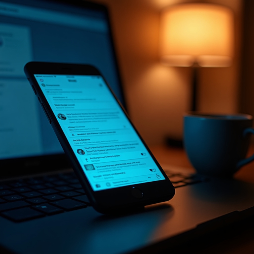Phone showing multiple notifications next to a laptop on a home desk in the evening