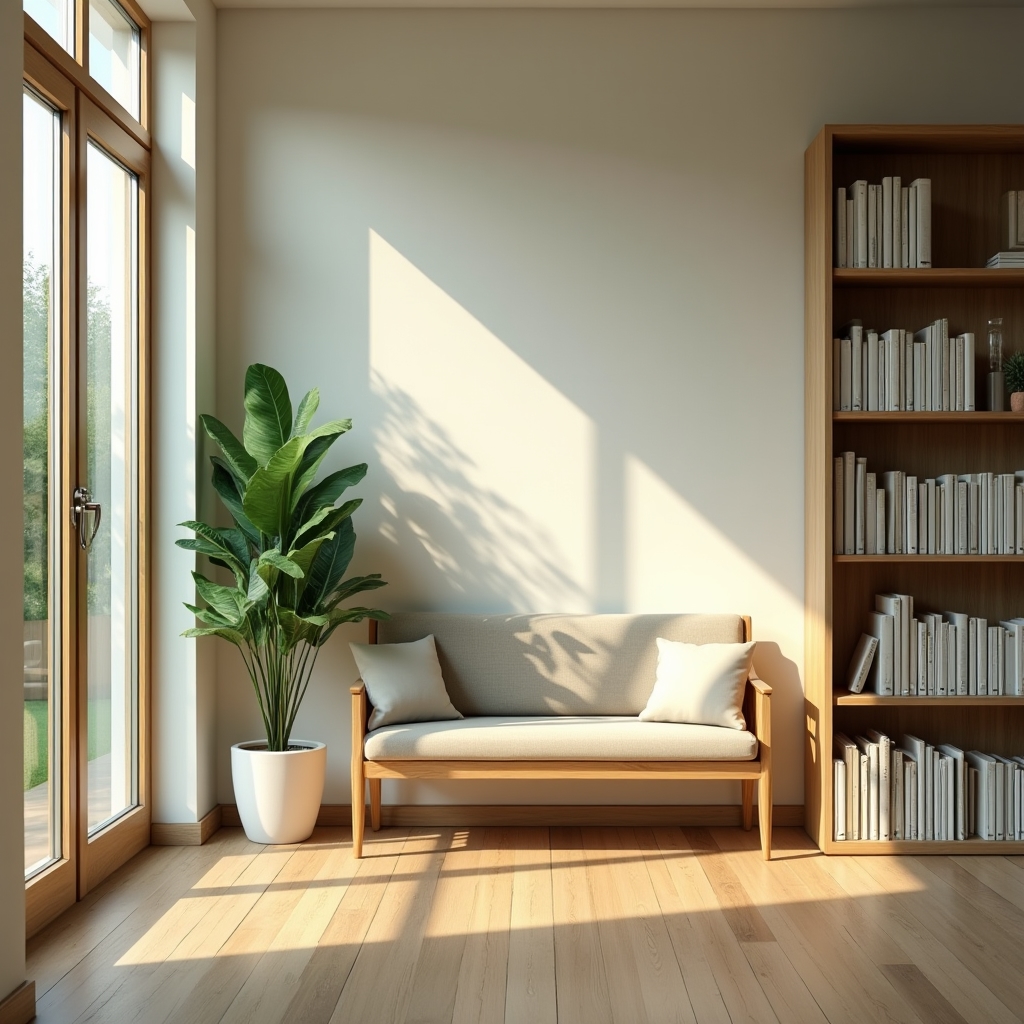 Bright waiting area with bookshelves before a scheduled session