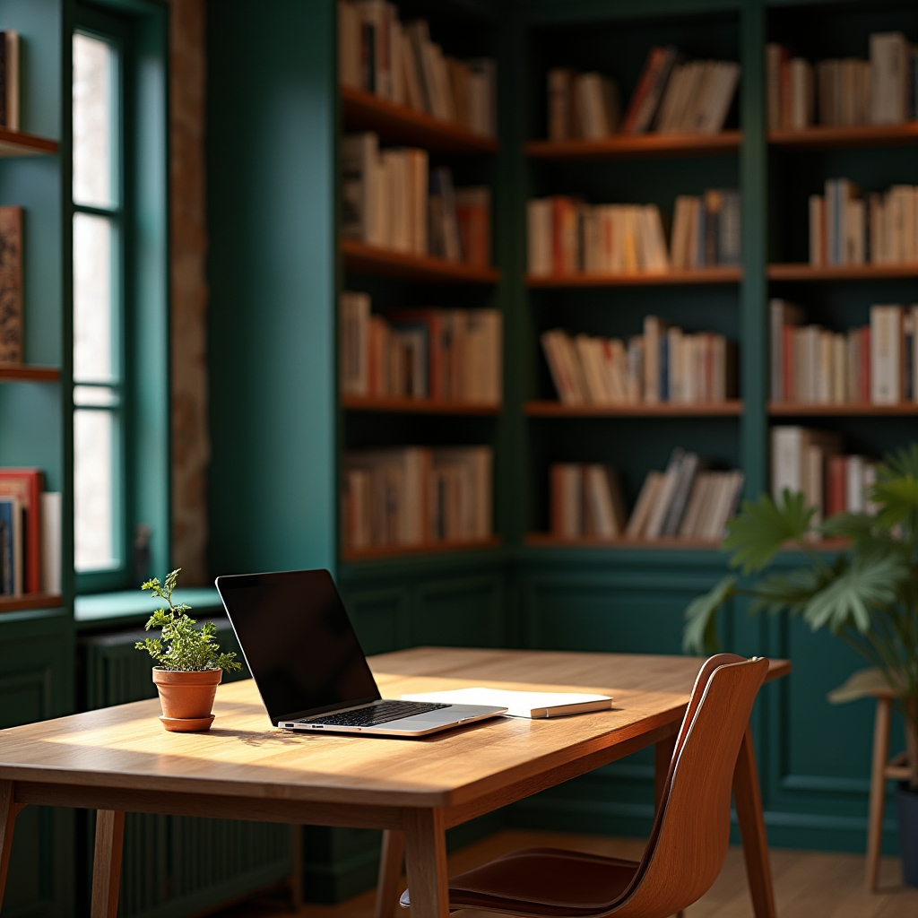 Quiet corner workspace with plants used for reviewing structure plans