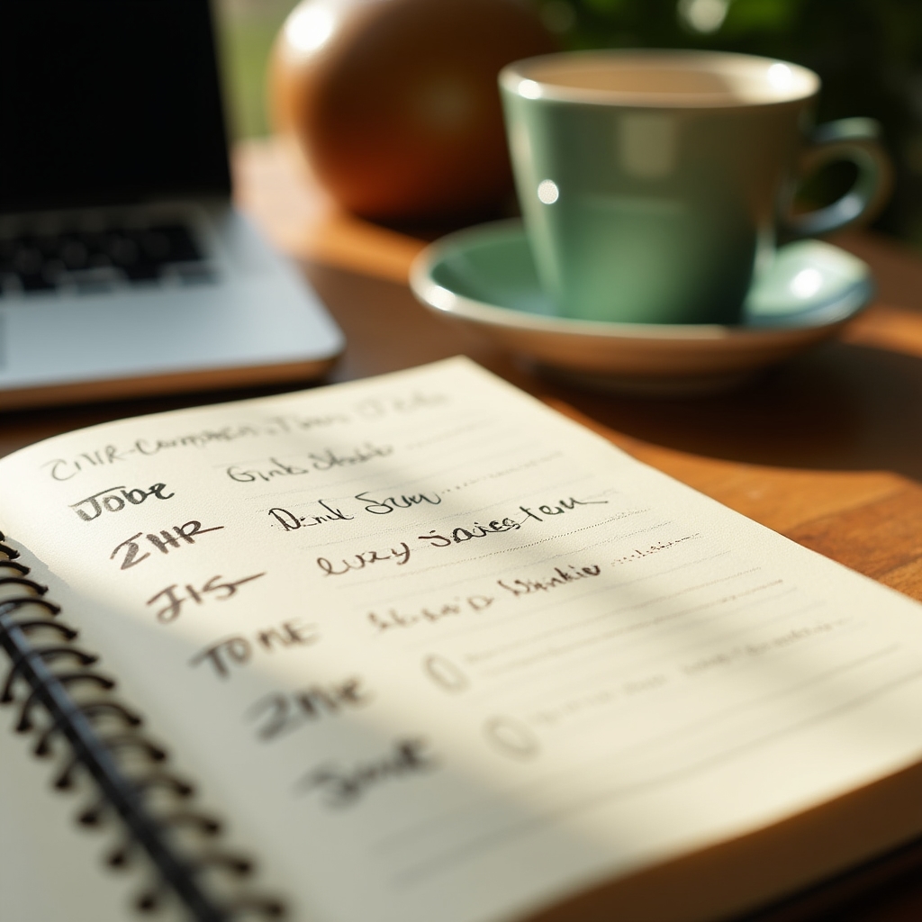 Handwritten daily structure plan in a notebook next to a laptop